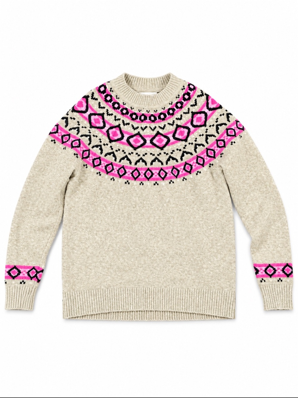 LOFT Neutral Fair Isle Crewneck Sweater with Pink Pattern M Cozy Winter